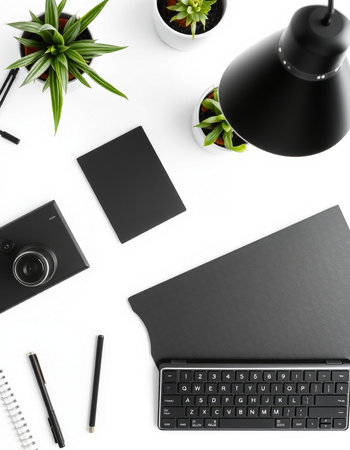 Creative flat lay overhead top view photo of workspace desk with laptop, camera, stationery and copy space on white backgroundの写真素材