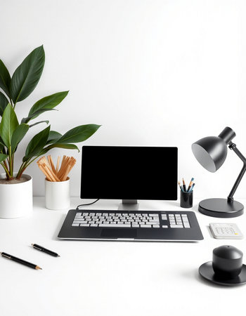 Modern workspace with computer, stationery and plant on white table. 3D Rendering