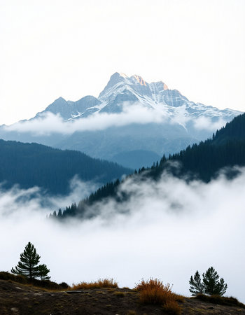 Mountain landscape with snow covered peaks and coniferous forest.