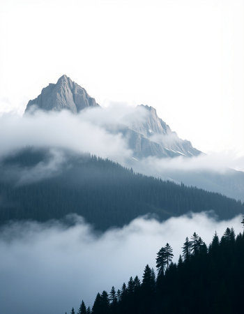 Mountain landscape with clouds and fog in Banff National Park, Alberta, Canadaの写真素材
