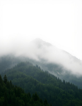 Mountain landscape with fog and coniferous forest in the foregroundの写真素材