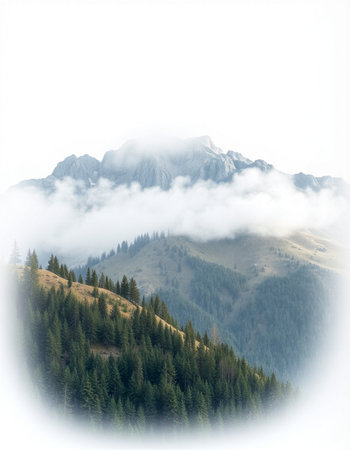Foggy mountain landscape with coniferous forest on the slope