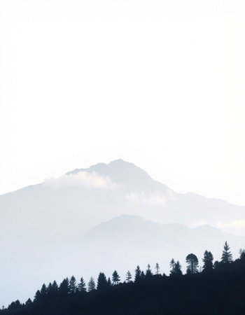Mountains and pine trees in the morning mist in Yunnan, China.の写真素材