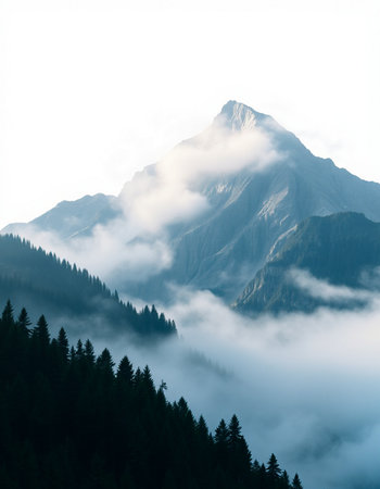 Mountain landscape with fog and clouds. Caucasus Mountains, Georgia.の写真素材