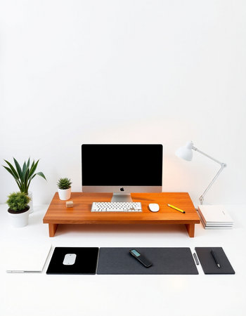 Modern workspace with computer, stationery and plant on white wall backgroundの写真素材