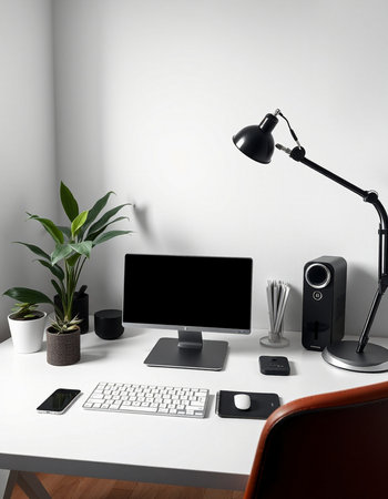 3d rendering. Workplace with computer, keyboard, mouse, mouse, lamp and plant