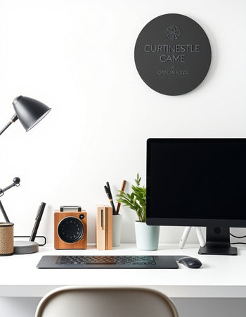 Modern workspace with computer, stationery and decorations. 3D Renderingの写真素材