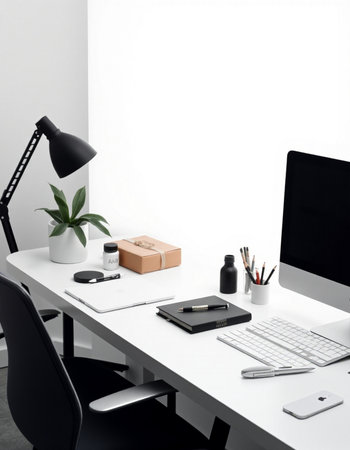 workplace with computer, keyboard and stationery on table in officeの写真素材