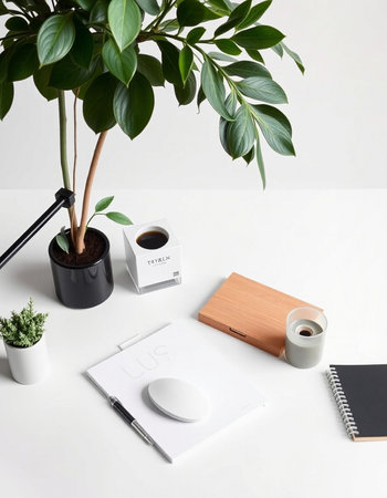 Minimal workspace with coffee cup, notebook, stationery, plant and decorations on white backgroundの写真素材