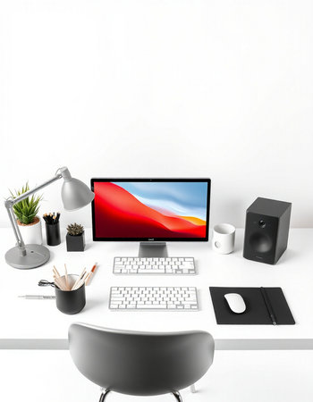 3D illustration PC screen on table in office, Workspace background