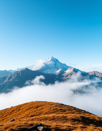 Beautiful mountain landscape with snow-capped peaks and clouds.の写真素材