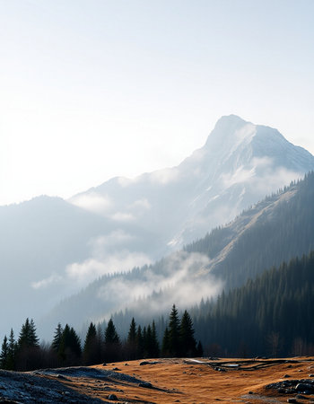 Mountain landscape with fog in the morning. Caucasus, Russia.の写真素材