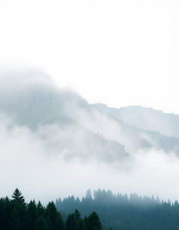 Foggy landscape in the mountains with coniferous forest.の写真素材