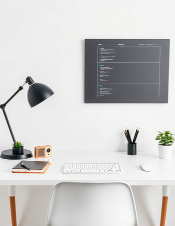 Minimalistic workspace with computer, stationery and copy space on white wall