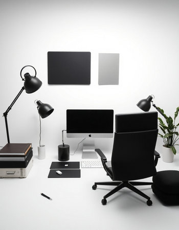 Modern workplace with computer, lamp and other items. Mock up, 3D Renderingの写真素材