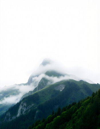 mountain landscape in the misty morning, closeup of photoの写真素材
