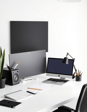 Modern workspace with blank screen computer, stationery and supplies. Mock up, 3D Renderingの写真素材