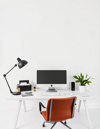 Modern office interior with empty white wall, computer and accessories. Mock upの写真素材