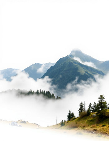 Mountain landscape with fog and clouds in the morning. Caucasus, Russiaの写真素材