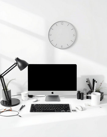 Modern workspace with blank computer screen, coffee cup, supplies and clock on white wall backgroundの写真素材