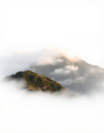 Mountain landscape with fog in the morning. Caucasus Mountains, Georgia.の写真素材
