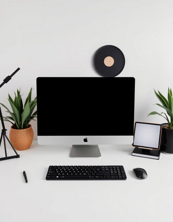 Modern workspace with computer, keyboard, mouse, notebook and plant on white background