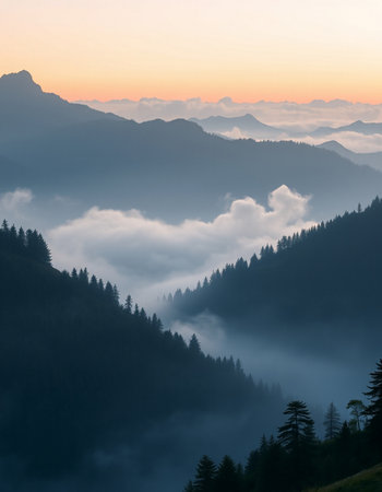 Mountain landscape with fog in the morning, Carpathian, Ukraineの写真素材