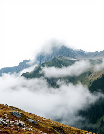 Foggy mountain landscape. Caucasus, Dombay, Russia