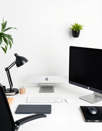 workplace with computer, keyboard, mouse and stationery on white background