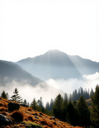 Foggy mountain landscape with coniferous forest and high peaksの写真素材