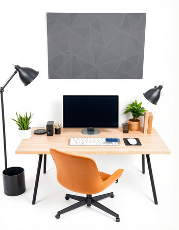 Modern workplace with computer on the white background. 3d rendering.の写真素材