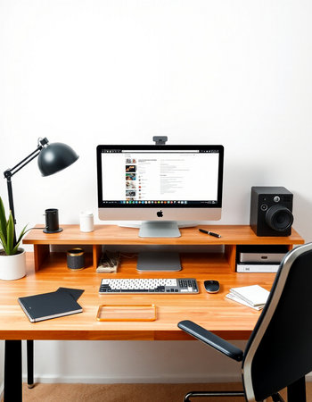 Modern workplace with computer, mouse, keyboard, coffee cup and other itemsの写真素材