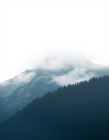 Mountain landscape with fog in the foreground and forest in the background