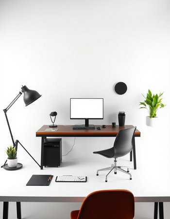 workplace with computer and lamp, 3d render illustration mockupの写真素材