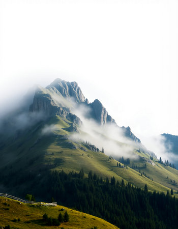 Mountain landscape with fog and clouds. Dolomites, Italy