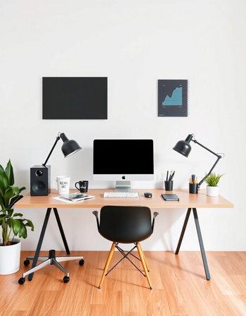 Workplace with computer and office accessories. Workplace concept. 3D Rendering
