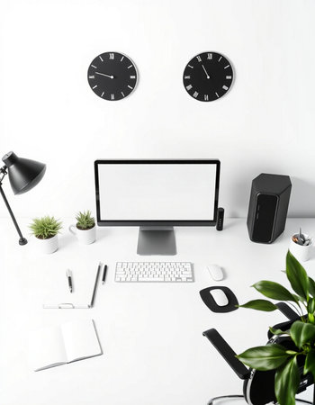Modern workplace with computer, stationery and clocks on white wall. Mock up, 3D Rendering