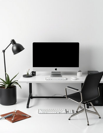 workplace with computer, stationery and black chair, 3d renderの写真素材