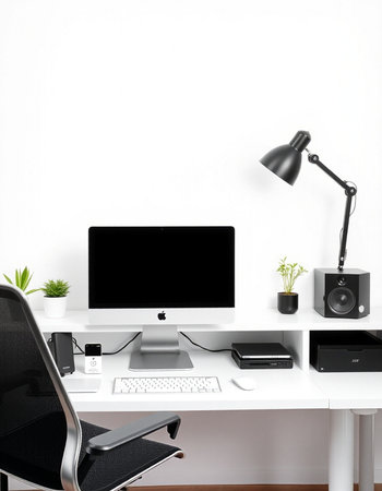 workplace with computer, lamp and mouse on white wall background.