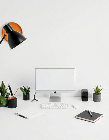 Modern workspace with blank computer screen, stationery and decorations on white wall. Mock up, 3D...