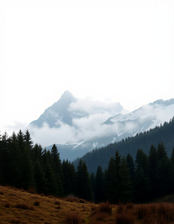 Mountain landscape with coniferous forest and snow capped peaks.
