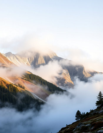 Mountain landscape with fog in the morning. Caucasus, Russia.