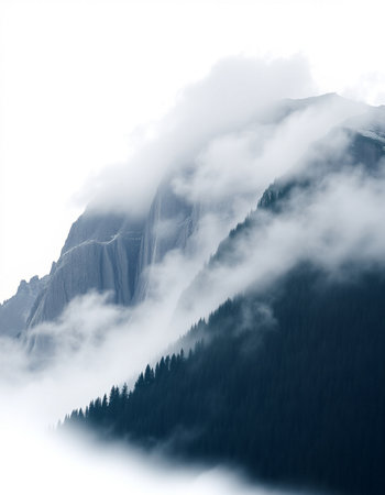 Mountain landscape with fog and cloudsの写真素材