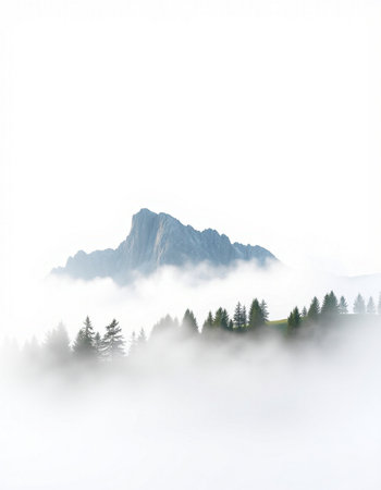 Foggy mountain landscape with coniferous trees in the foreground
