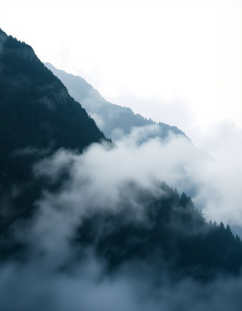 Mountain landscape with fog and clouds in Himalayas, Nepal