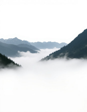 Foggy landscape in the mountains with coniferous forest.の写真素材