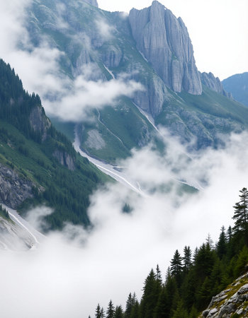Mountain landscape with clouds and fog. Dolomites, Italy