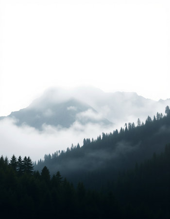 Mountain landscape with coniferous forest and fog in the morningの写真素材