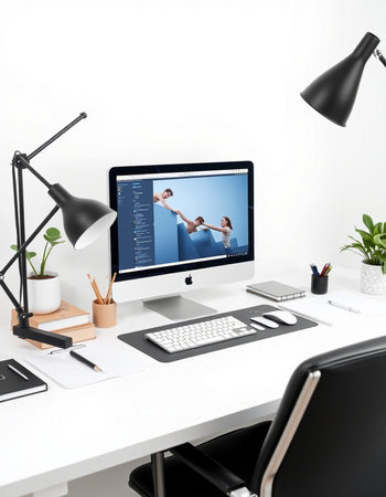 workplace with computer, lamp and office stuff. 3d rendering