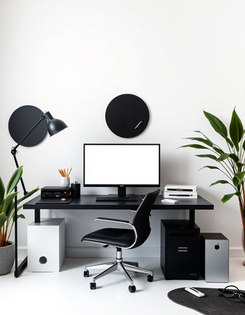 Interior of modern office with black and white furniture, computer and accessories